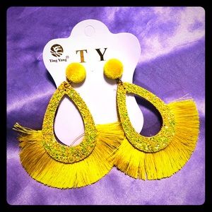 Gold/yellow post style glitter tassel earrings